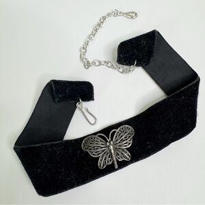 Coro Black Velvet Choker Necklace Silver Butterfly Gothic Lolita Vintage 14.5”